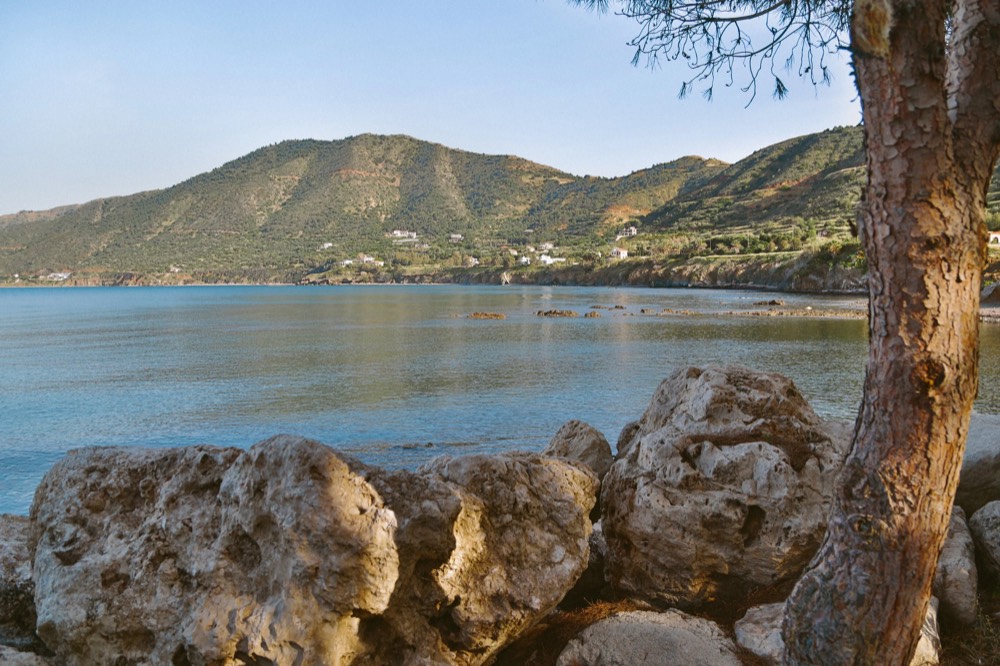 A rocky shoreline and green hills across a calm bay