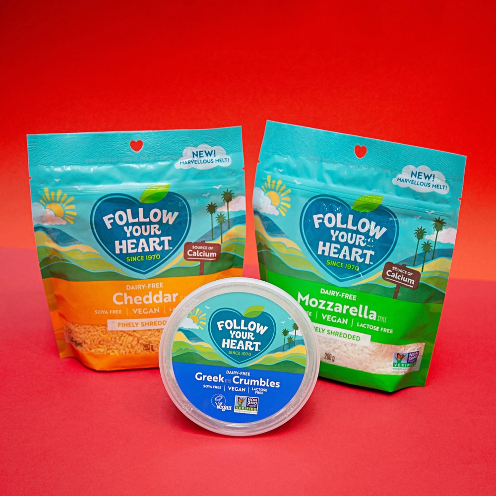 Follow Your Heart dairy-free cheese packs on a red background