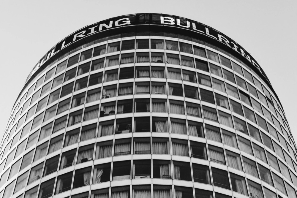 The Rotunda in Birmingham, black and white, looking up